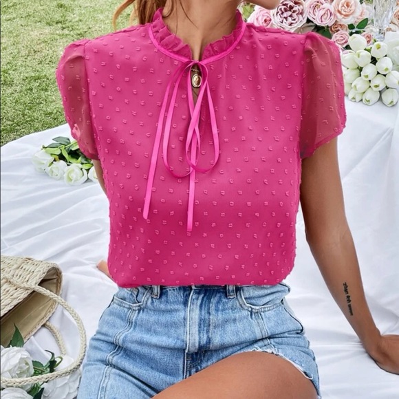 Boho redwood Swiss dot tie neck puff sleeve blouse - Picture 14 of 15